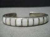 Impressive Vintage Native American Navajo Thick Pearl Sterling Silver Inlay Bracelet Old-Nativo Arts