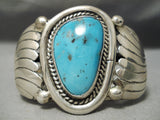 Museum Vintage Native American Navajo Natural Turquoise Wave Flank Sterling Silver Bracelet-Nativo Arts