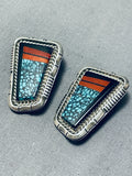 Very Important Vintage Native American Navajo Lander Blue Turquoise Sterling Silver Earrings-Nativo Arts
