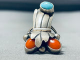 Rare Older Vintage Native American Navajo Domed Turquoise Coral Sterling Silver Ring Old-Nativo Arts