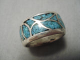 Thick Vintage Native American Navajo Turquoise Floral Sterling Silver Ring Old-Nativo Arts