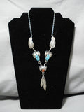 Detailed!! Vintage Native American Navajo Turquoise Coral Sterling Silver Feather Necklace Old-Nativo Arts