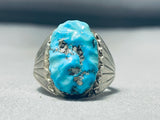 Heavy Vintage Native American Zuni Blue Gem Turquoise Sterling Silver Ring-Nativo Arts