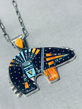 Focused Intricacy Native American Navajo Turquoise Micro Inlay Sterling Silver Bear Necklace-Nativo Arts