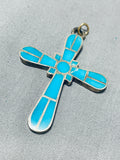 Sensational Vintage Native American Zuni Blue Gem Turquoise Sterling Silver Cross Pendant-Nativo Arts