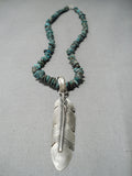 Detailed!! Native American Navajo Green Turquoise Sterling Silver Feather Necklace!-Nativo Arts