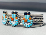 Sturdy Faces Of Sun Vintage Native American Navajo Turquoise Inlay Sterling Silver Bracelet-Nativo Arts