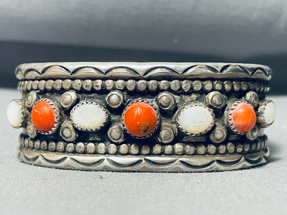 Museum Vintage Native American Navajo Coral Pearl Sterling Silver Bracelet Cuff-Nativo Arts