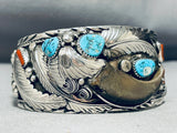 Mens Native American Navajo Turquoise Coral Sterling Silver Leaf Bracelet-Nativo Arts