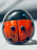 Marvelous Native American Navajo Signed Jet Coral Turquoise Sterling Silver Ladybug Ring-Nativo Arts