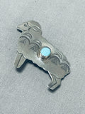 Detailed Lamb Vintage Native American Navajo Turquoise Sterling Silver Pin-Nativo Arts