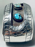 Detailed Wide Vintage Native American Navajo Morenci Turquoise Sterling Silver Leaf Bracelet-Nativo Arts