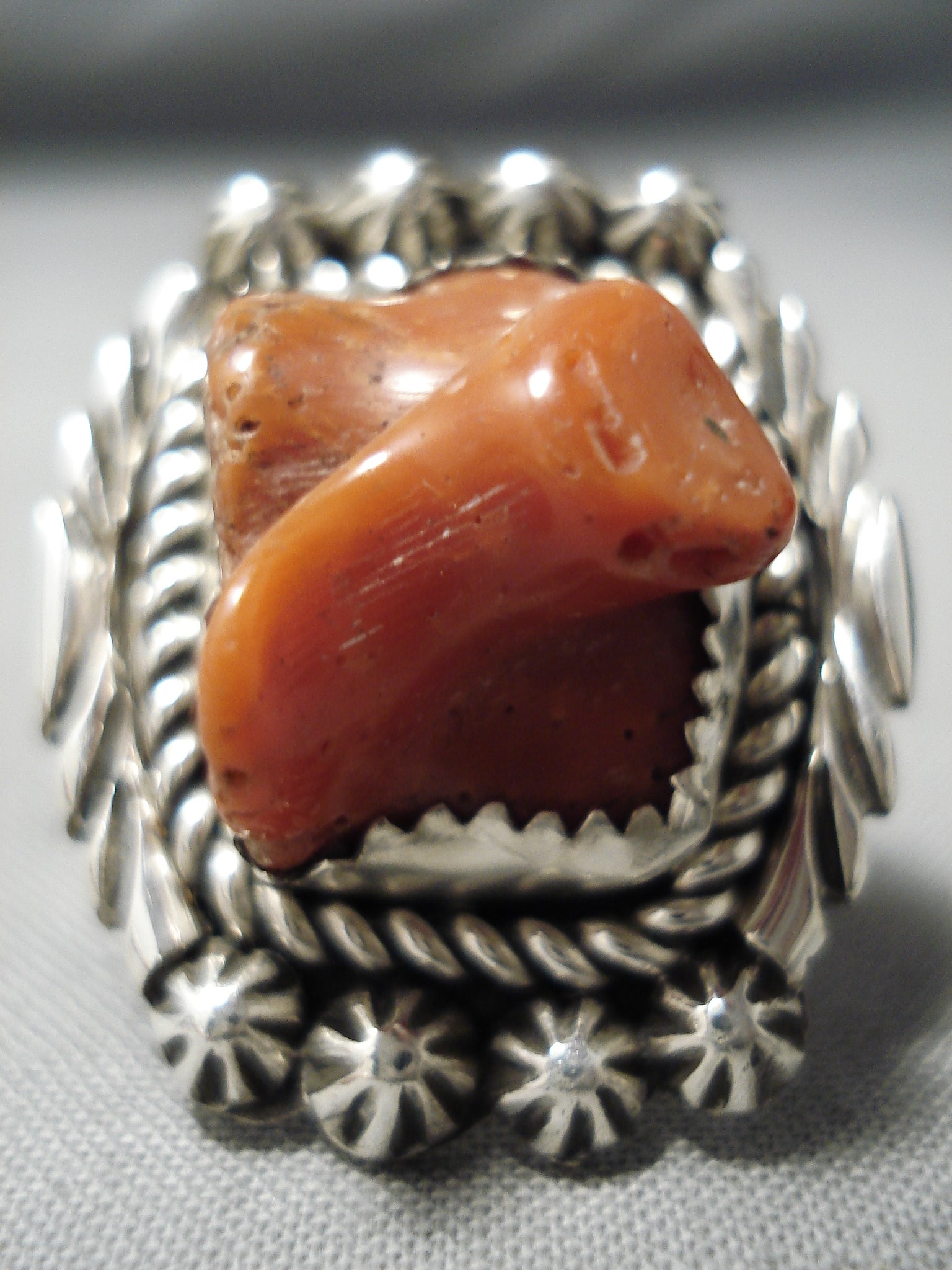 Chunky Huge Vintage Navajo Big Coral Sterling Silver Native American R ...