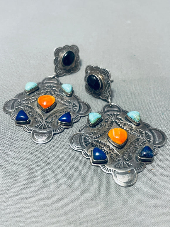 One Of The Most Detailed Vintage Turquoise Sterling Silver Earrings-Nativo Arts