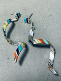 Extraordinary Native American Zuni Turquoise Inlay Sterling Silver Earrings-Nativo Arts