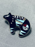 Extraordinary Native American Navajo Signed Inlay Jet Turquoise Coral Sterling Silver Bear-Nativo Arts