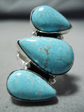 Huge Signed Navajo Native American 3 Blue Gem Turquoise Sterling Silver Ring-Nativo Arts