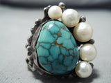 Whimsical Vintage Navajo Native American Turquoise Pearl Sterling Silver Ring-Nativo Arts