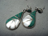 Native American Signed Intricate Vintage Zuni Sterling Silver Pearl Earrings-Nativo Arts