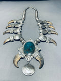 Native American 368 Gram Bear San Felipe Turquoise Sterling Silver Squash Blossom Necklace-Nativo Arts