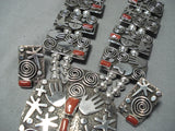 Important Native American Navajo Al Sanchez Coral Sterling Silver Squash Blossom Necklace-Nativo Arts