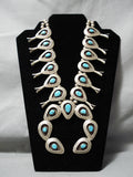 Big Vintage Native American Navajo Carico Lake Turquoise Sterling Silver Squash Blossom Necklace-Nativo Arts