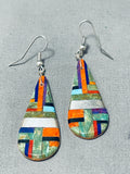 One Of Most Unique Vintage Native American Slim Inlay Sterling Silver Earrings-Nativo Arts