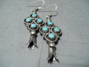 Unique Vintage Native American Zuni Blue Gem Turquoise Sterling Silver Squash Blossom Earrings-Nativo Arts