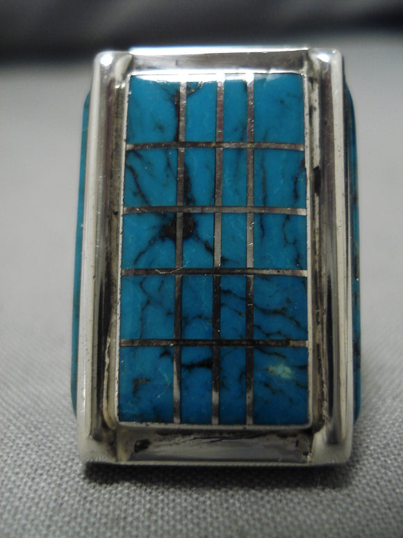 Superior Vintage Native American Navajo Blue Diamond Turquoise Sterling Silver Ring Old-Nativo Arts