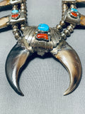 Authentic Vintage Native American Navajo Bear Turquoise Sterling Silver Squash Blossom Necklace-Nativo Arts