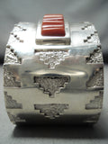 Important Native American Navajo Coral Row Wide Sterling Silver Bracelet Cuff-Nativo Arts