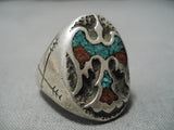Tremendous Vintage Native American Navajo Turquoise Coral Inlay Sterling Silver Ring-Nativo Arts