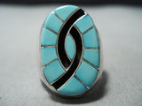 Dazzling Vintage Native American Zuni Blue Gem Turquoise Inlay Sterling Silver Ring-Nativo Arts
