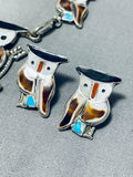 Signed Native American Zuni Turquoise Sterling Silver Owl Necklace And Earring Set-Nativo Arts