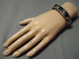 Detailed!! Vintage Native American Navajo Domed Jet Sterling Silver Leaf Garden Bracelet Old-Nativo Arts