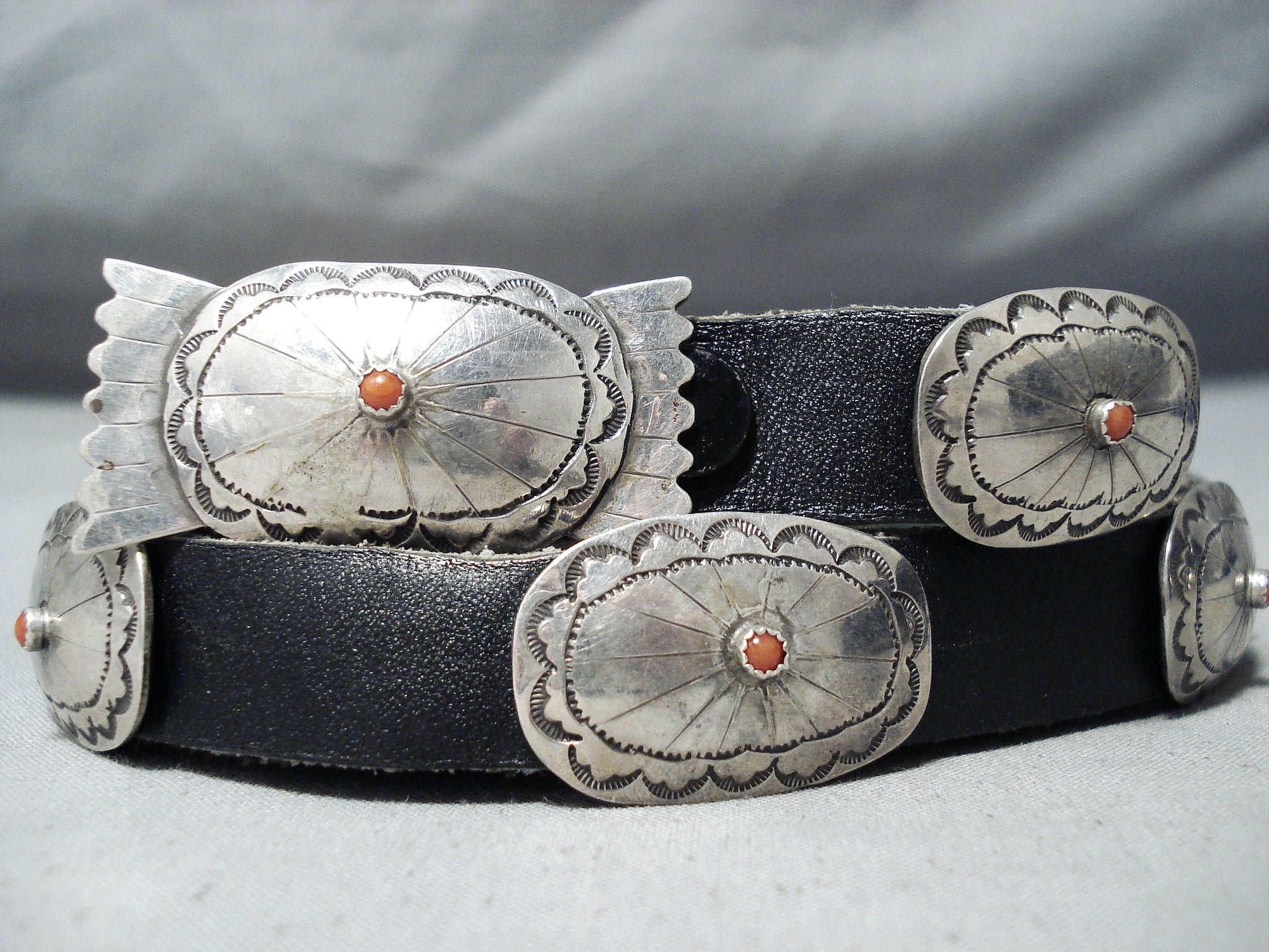 AMAZING Vintage Native American Navajo Sterling Silver Coral Concho Belt SIGNED Hand Tooled Vintage Native American Navajo Sterling Silver  main image 3