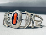 Flanking Leaves Vintage Native American Navajo Coral Sterling Silver Bracelet Cuff Old-Nativo Arts