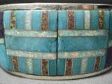 Huge Intense Inlay Native American Navajo Turquoise Opal Sterling Silver Bracelet Cuff-Nativo Arts