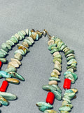 14k Gold Exquisite Vintage Native American Navajo Green Turquoise Coral Necklace-Nativo Arts