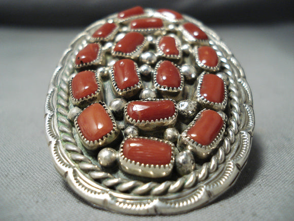 One Of The Biggest Native American Navajo Coral Chunk Sterling Silver Ring-Nativo Arts