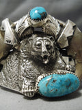 Huge Native American Navajo Bear Sterling Silver Turquoise Bracelet-Nativo Arts