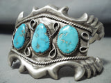 Extraordinary Vintage Native American Navajo 3 Blue Gem Turquoise Sterling Silver Bracelet-Nativo Arts