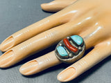 Native American Heavy Mens 34 Grams Turquoise Coral Sterling Silver Ring Old-Nativo Arts
