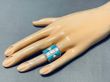 Huge Vintage Native American Navajo Turquoise Inlay Sterling Silver Ring-Nativo Arts