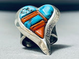 Best Native American Navajo Turquoise Heart Sterling Silver Coral Inlay Ring-Nativo Arts