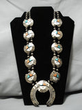 Superior Vintage Native American Navajo Inlay Turquoise Sterling Silver Squash Blossom Necklace-Nativo Arts