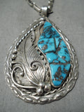Museum Vintage Native American Navajo Turquoise Inlay Sterling Silver Leaf Necklace-Nativo Arts