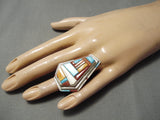 Native American Important Inlay Master Navajo Turquoise Coral Sterling Silver Inlay Ring-Nativo Arts