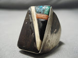 Unique Men's Vintage Native American Navajo Turquoise Coral Ironwood Sterling Silver Ring Old-Nativo Arts