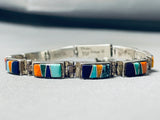Incredibly Intricate Native American Navajo Turquoise Inlay Sterling Silver Clasp Bracelet-Nativo Arts